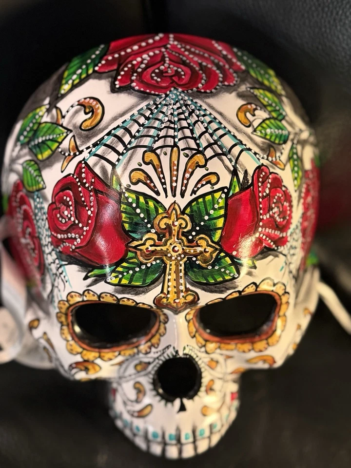 Half Skull Red Day of the Dead Mask Dia de los Muertos Masquerade Hand Painted - Image 3 of 4