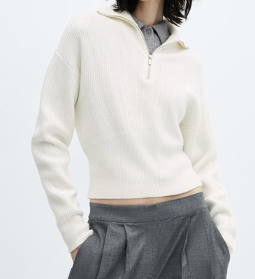Mango ZIP NECK JUMPER White Size S UK