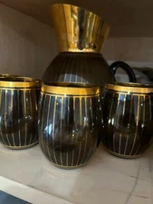 Vintage MCM Black and Gold Cocktail Set Pitcher and 6 glasses