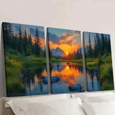 3pcs Natural Scenery with Reflective Trees Wall Art Canvas Framed 50x70cm
