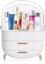 Oval Makeup Organizer White Storage Box, Portable with drawers  handle NIB