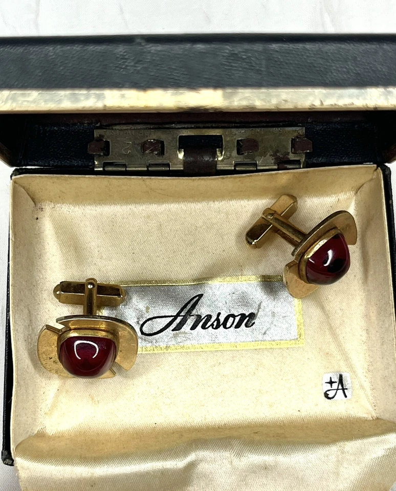 Vintage ANSON Men's Cufflinks Red Color Stones Gold Antique In Box - Image 4 of 4