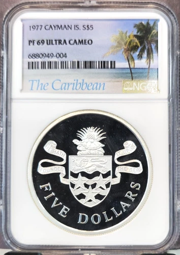 1977 CAYMAN ISLANDS SILVER 5 DOLLARS NGC PF 69 ULTRA CAMEO LOW MINTAGE TOP POP