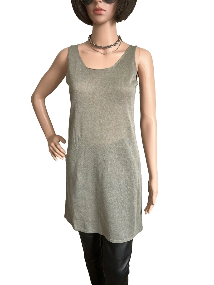 Sarah Pacini Overall Sleeveless Tunic Dress Top XS Olive Green Linen Scoop  Neck