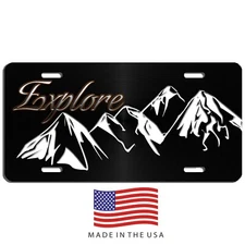 Explore mountains  vanity  aluminum license plate car truck SUV tag black swirl