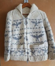 Vintage Heavy Wool Canadian Cowichan Sweater Native Thunderbird Hand Knitted S-M