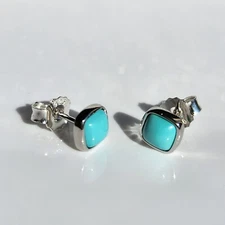 Navajo Solid 925 Sterling Silver 7mm Square Natural Blue Turquoise Stud Earrings