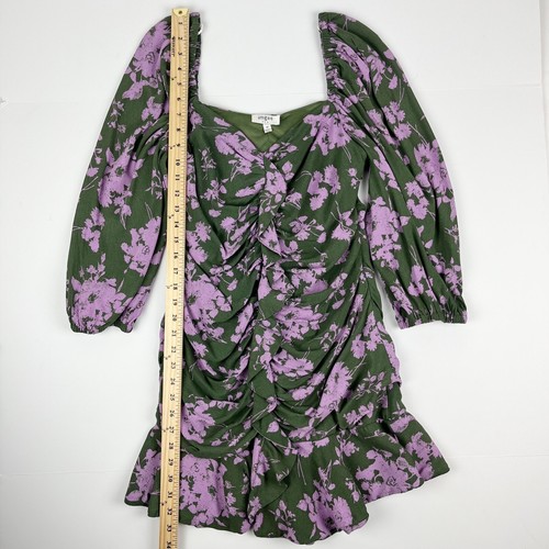 Umgee Ruched Dress Size Medium Floral Green Lavender Ruffle Balloon Sleeves Mini - Picture 15 of 16