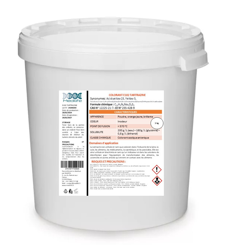 Tartrazine E102 colorant alimentaire jaune en poudre pot de 1kg