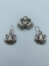 Vintage Francisco Sanchez Citali Frog Sterling Silver 925 Brooch Pin & Earrings