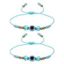Turkish Evil Eye Bracelets, 2 Pcs Good Luck Braided Rope Bracelets Sky Blue