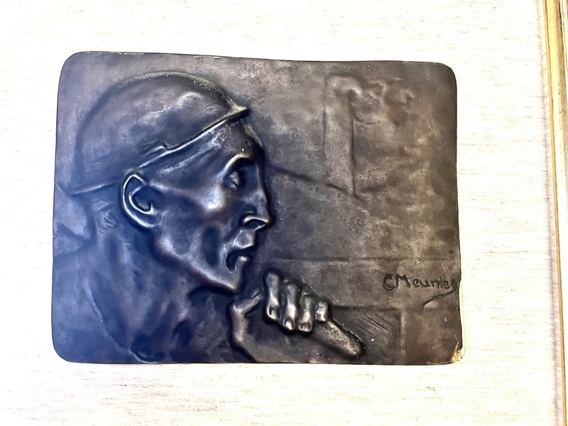 BELGIAN C MEUNIER BRONZE VERDIGRIS RELIEF PANEL 'MINER in PROFILE