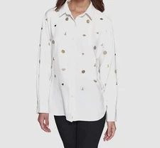 Karl Lagerfeld Paris Women's White Embellished Button-Up Top Size S