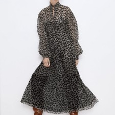 Zara Leopard Print Tulle Overlay Long Sleeve Dress S