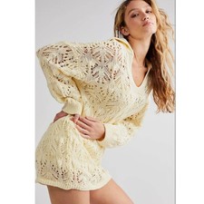 New Free People Elton Collared Crochet Mini Dress $178 MEDIUM Ivory Lined