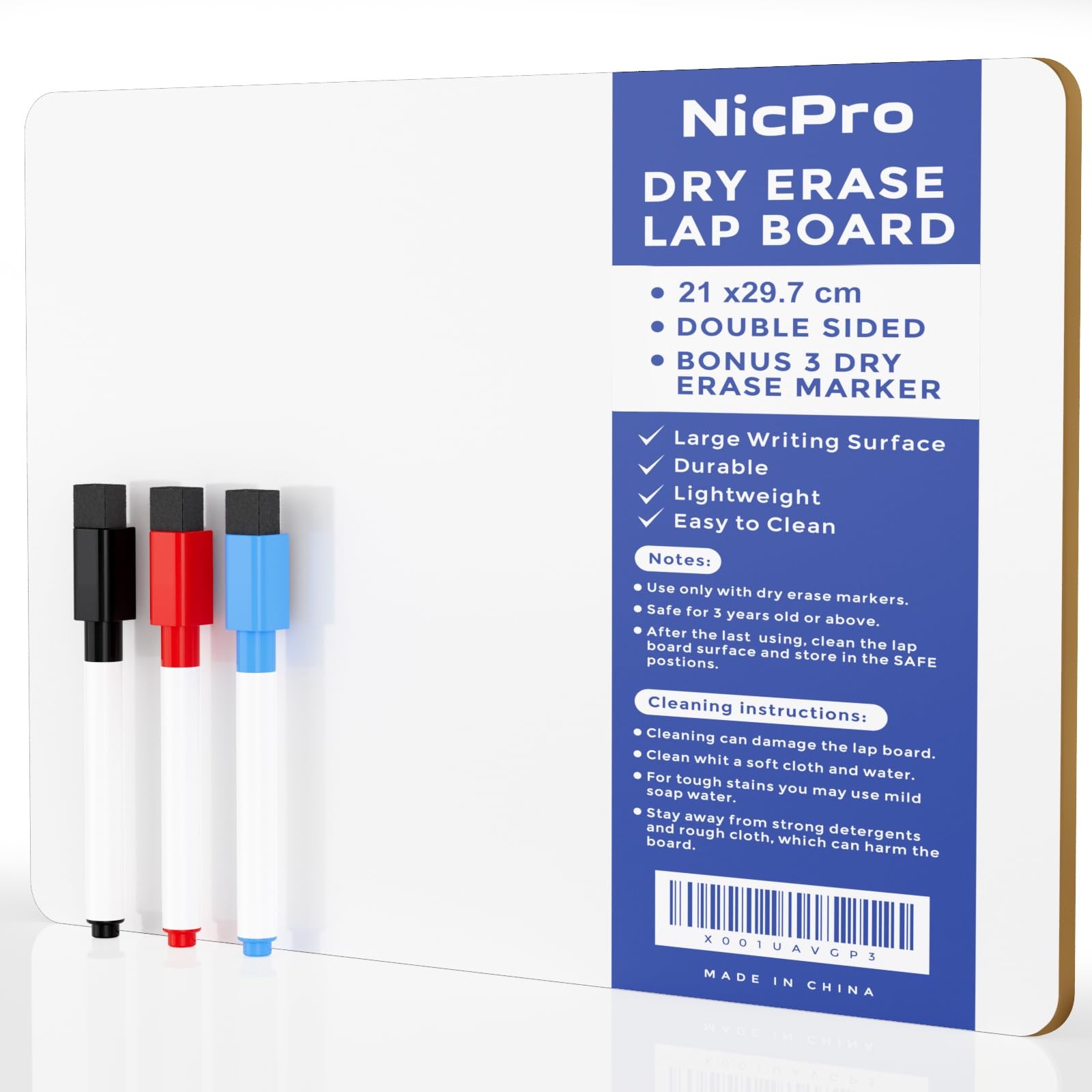 Nicpro Dry Erase Mini Whiteboard A4 Double Sided Lapboard with 3 Water Based