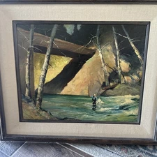 American Artist Richard Cabic Antique Folk Art Oil Painting Fly Fishing Trout