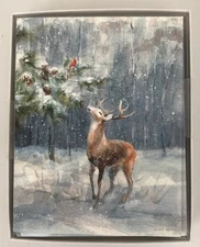 12 CHRISTMAS Leanin Tree Cards Box Set, BUCK, DEER IN SNOWY WOODS, CARDINAL BIRD