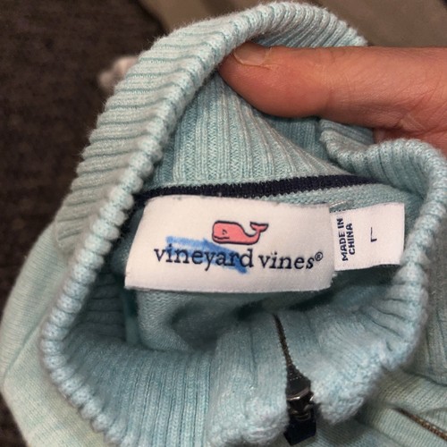 Vineyard Vines Damen 1/4-Reißverschluss gestreifter Baumwollstrickpullover grau grün Größe Large - Bild 4 von 4
