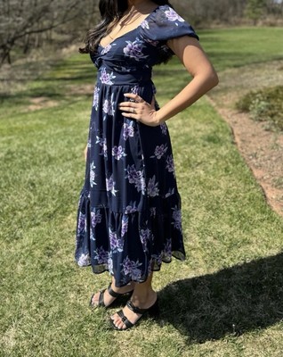Francesca s Midi Navy Blue Floral Puff Sleeve Summer Dress