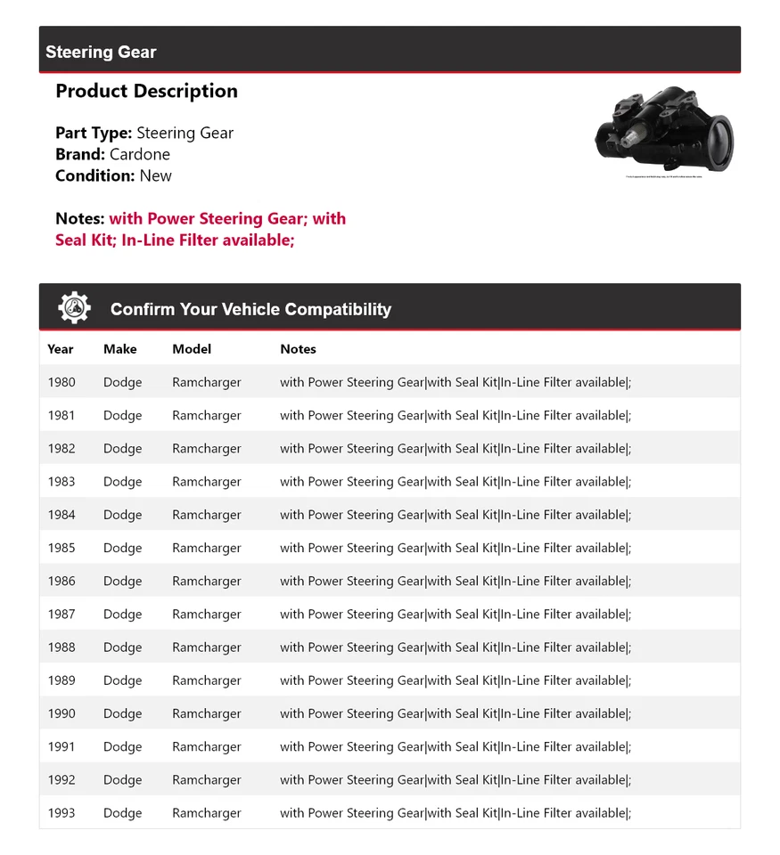 For 1980-1993 Dodge Ramcharger Steering Gear Cardone 1981 1982 1983 1984 1985 - Image 2 of 4