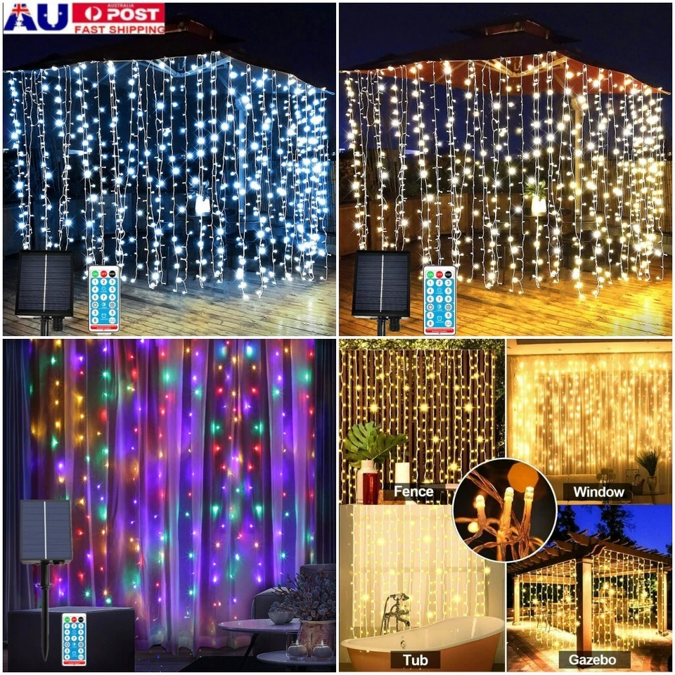 3x3m 300 LED Solar Power Curtain Lights Fairy String Outdoor Xmas Party Garden