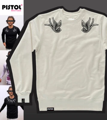Pistol Boutique Sweatshirt Homme Beige Tattoo Sans Manches Hirondelle Col Roulé - Photo 1/4