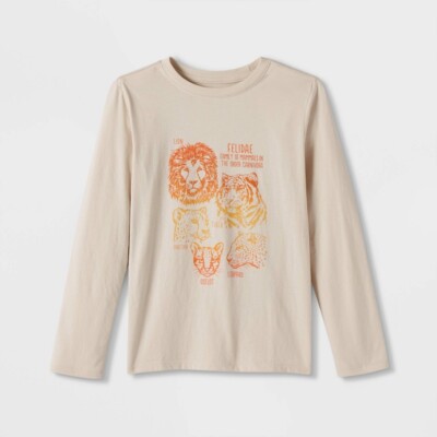 Cat & Jack Beige Long Sleeve T-Shirt Felidae Wild Cat Graphic Kids Small 6/7 NWT