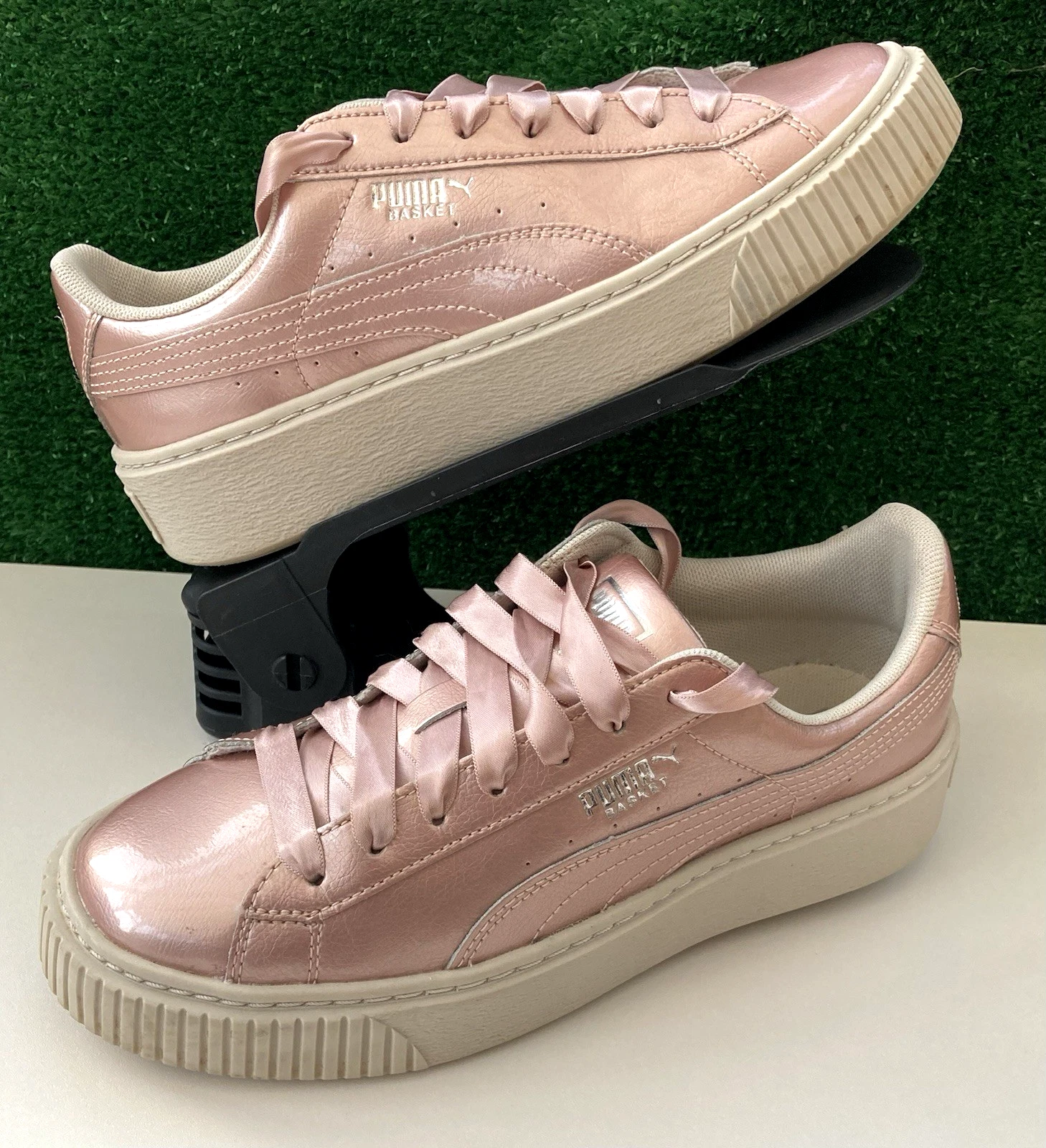Scarpe da ginnastica Puma Basket rosa metallizzato donna nastro pizzo plateau UK 4 5