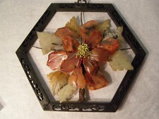 Vintage Chinese Oriental Carnelian, Agate Flower  Black Octigon frame