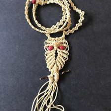 Vintage Macrame Owl Necklace Red Wood Bead Eyes Twig Branch Perch Handmade New