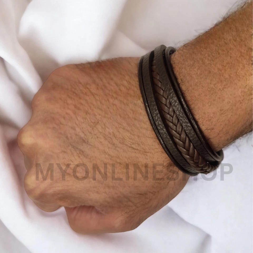 Mens Leather Bracelet Braided Wristband Bangle Punk Beaded Surfer Wrap Boys Gift - Image 3 of 3