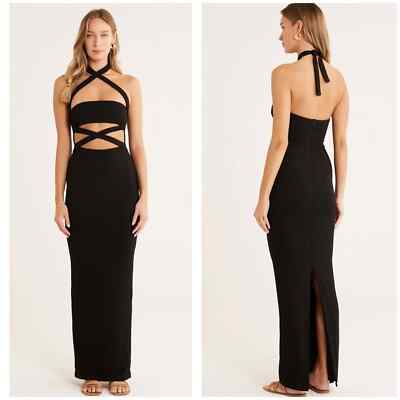 Rumer The Label x Revolve Black Sorrento Criss Cross Halter Maxi Dress  Large | eBay