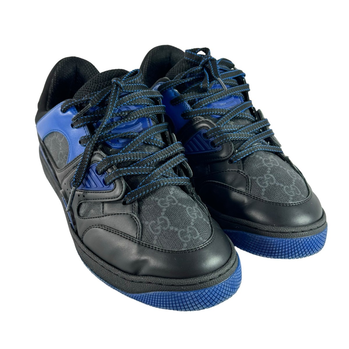 GUCCI Black & Blue Leather/Canvas GG Basket Low Top Men's