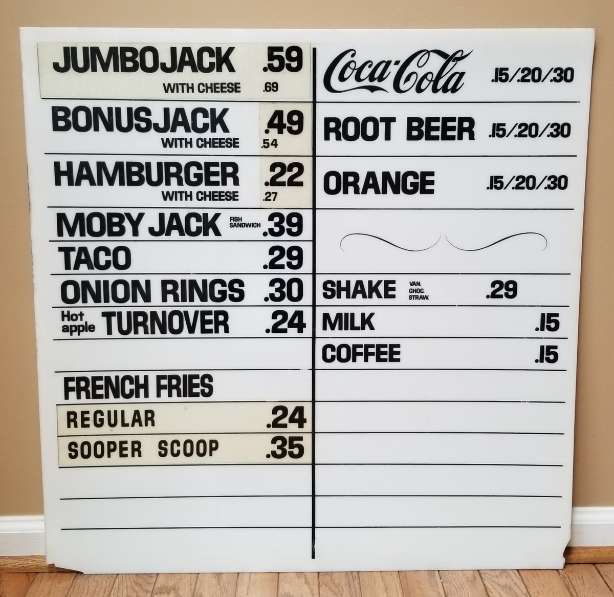 1970's ジャックインザボックス看板メニューボードプラスチック