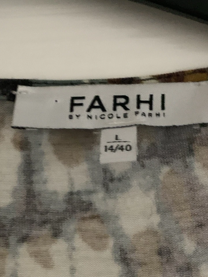 Farhi длинным рукавом желтый коричневый белый печать блузка размер Великобритании 14 большой эластичной GC - Изображение 2 из 4