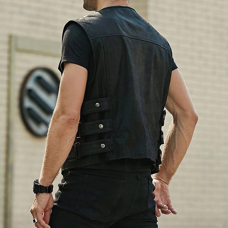 Trendy Men's Cut Motorcycle Waistcoat Biker Faux Leather Club Pocket