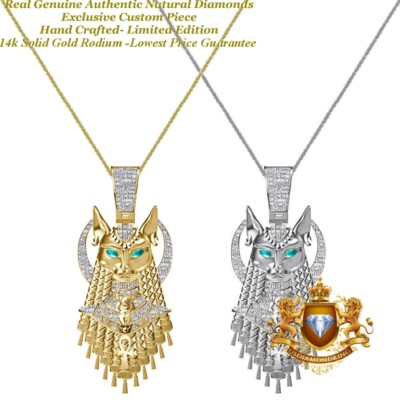 Natural Diamond 0.80 Ctw. Egyptian Bastet Cat Sekhmet Ankh Cross Charm Pendant