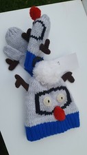 M S Grey Blue Christmas Reindeer Beanie Hat And Gloves Set. 18-36 Months