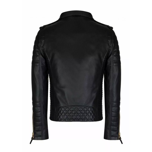 Men's Leather Jacket Genuine Lambskin Black Motorcycle Slim fit Biker Coat 100% - Picture 5 of 5