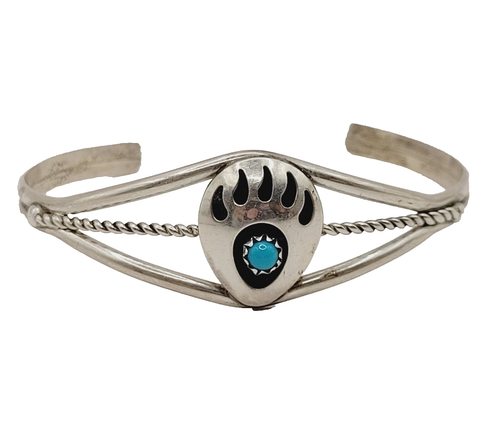 Turquoise Shadow Box Bear Paw Cuff Bracelet Native American Unmarked Silver - Afbeelding 14 van 15