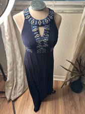 INC Womens Navy Blue Embroidered Maxi Dress S Rayon Coastal resort Cruise boho