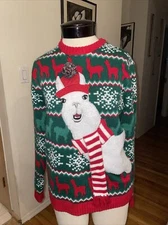 33 Degrees 3D Llama w/ Scarf And Pom Hat  Cute Ugly Christmas Sweater Party S