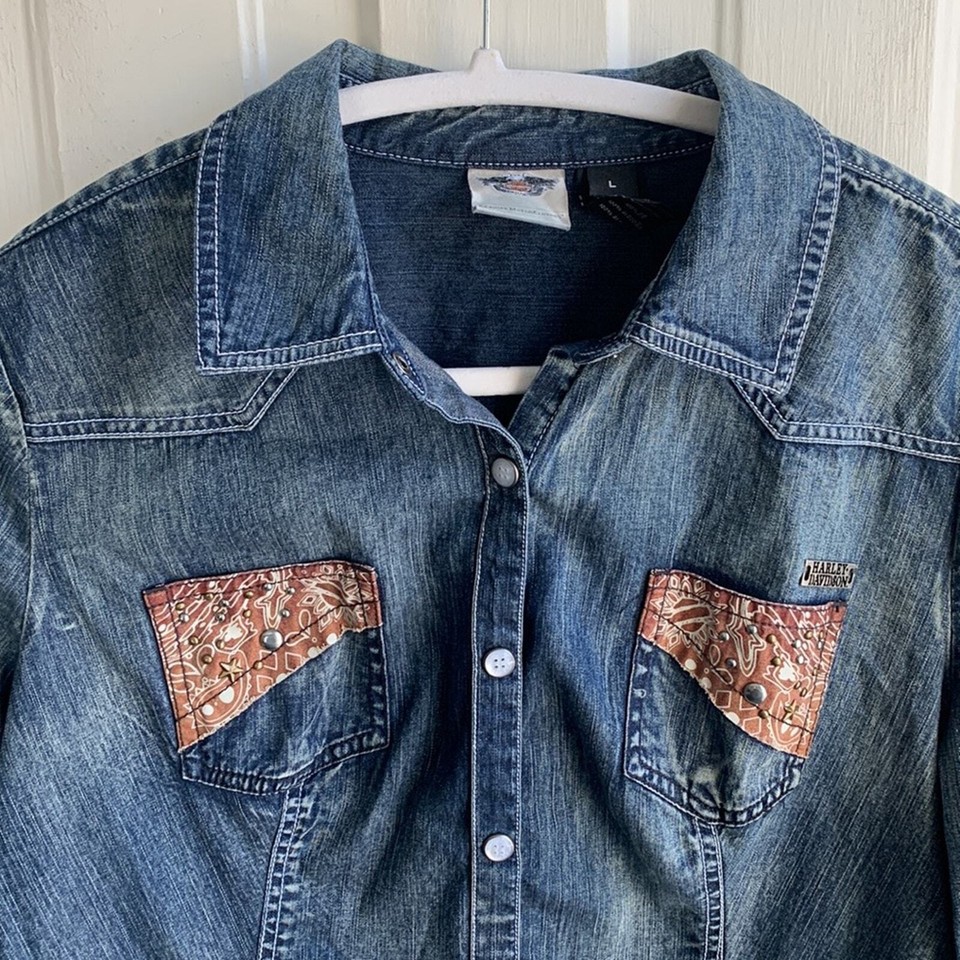 HarleyDavidson Rol Tab Sleeve Denim Shirt eBay