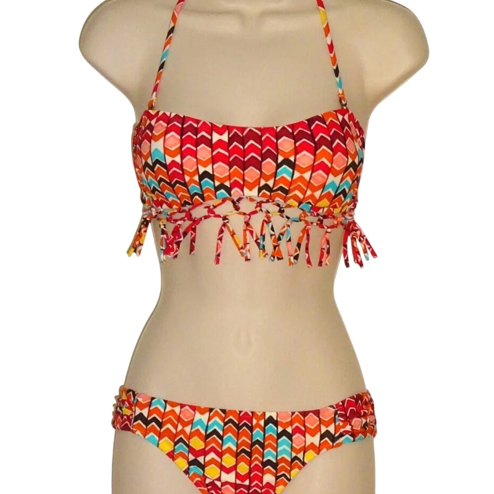 Conjunto de Biquíni HOBIE com Franjas Vermelhas e Laranjas 2 Peças, Tamanho Médio - Imagem 2 de 3