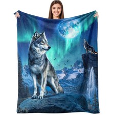 Wolf Blanket for Kids 50"x 60", Moon Forest Mountain Throw Blanket, Wolf Gift...