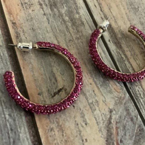 Pierced silver tone pave rhinestone hot pink hoop earrings - Picture 3 of 7