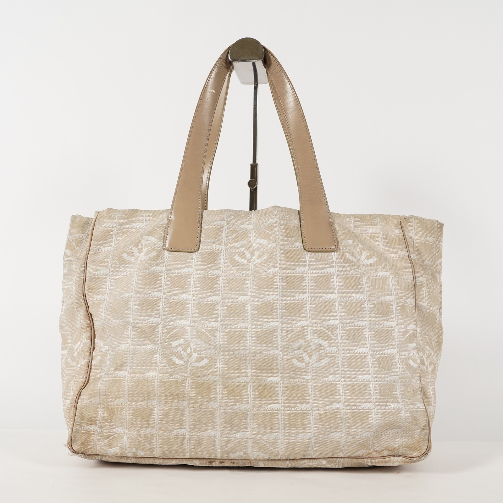 CHANEL Beige Canvas Leather Tote Bag Auth Travel Line Women XY55