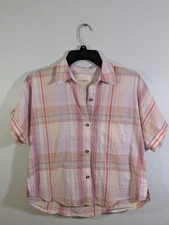 LUCKY BRAND  Button UP Shirt Size XS Plaid Pink Orange Short Sleeve