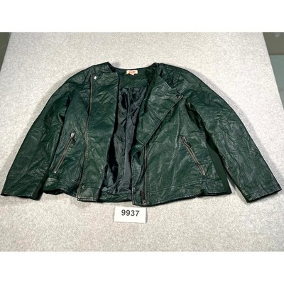 EVRI Moto Jacket Womens 2X Forest Green Faux Leather Sleeve Full Zip Warmwear